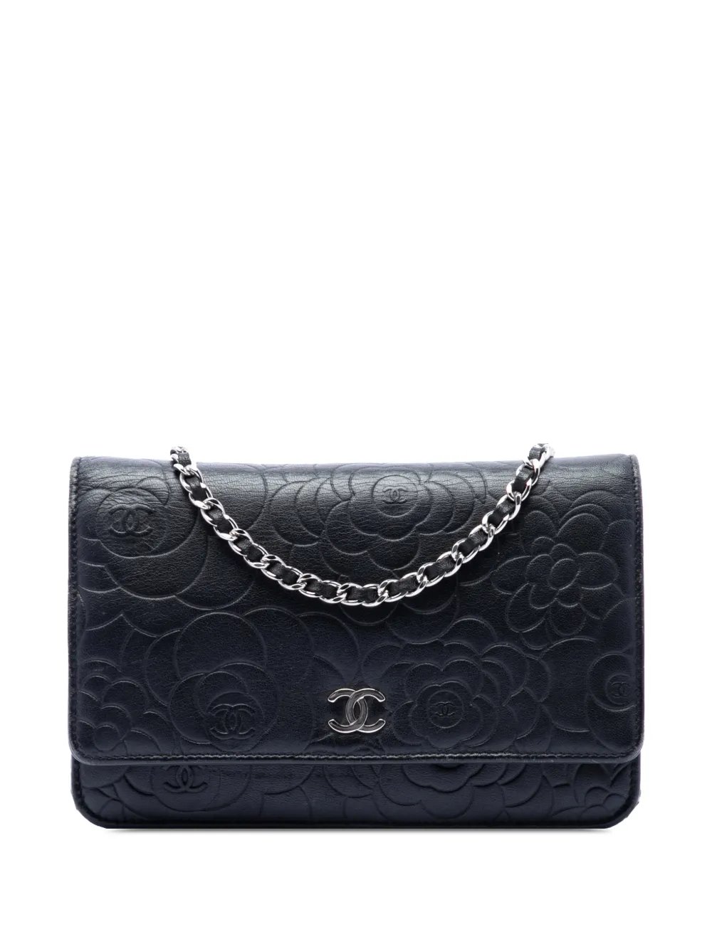 2014 CC Embossed Lambskin Camellia Wallet On Chain crossbody bag