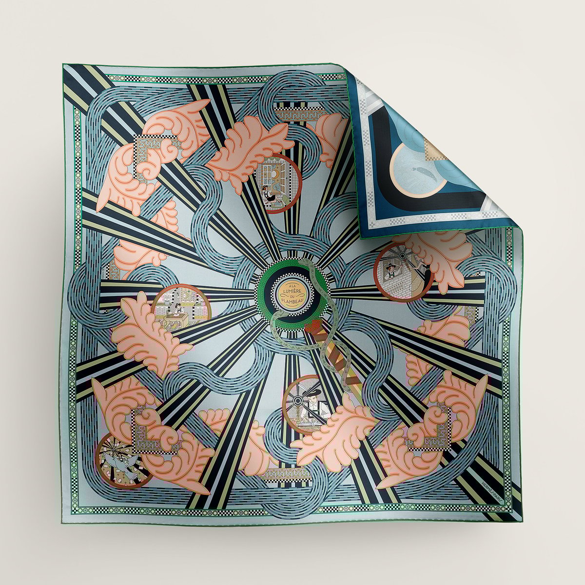 Hermès A la Lumiere du Flambeau double face scarf 90 Bleu Glacier