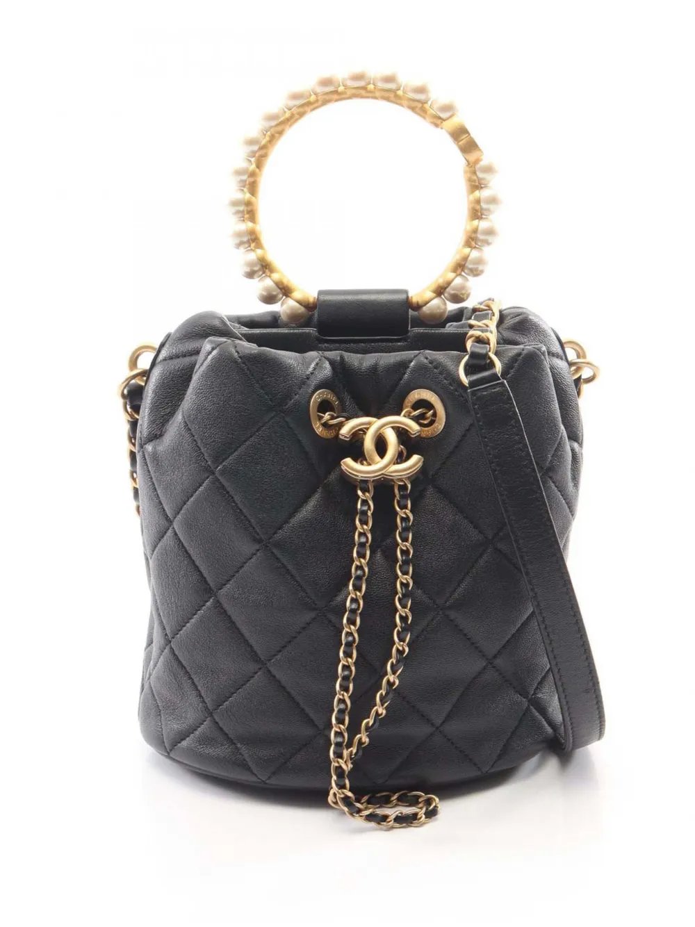 2021-2026 Quilted Lambskin Pearl Crown Drawstring bucket bag
