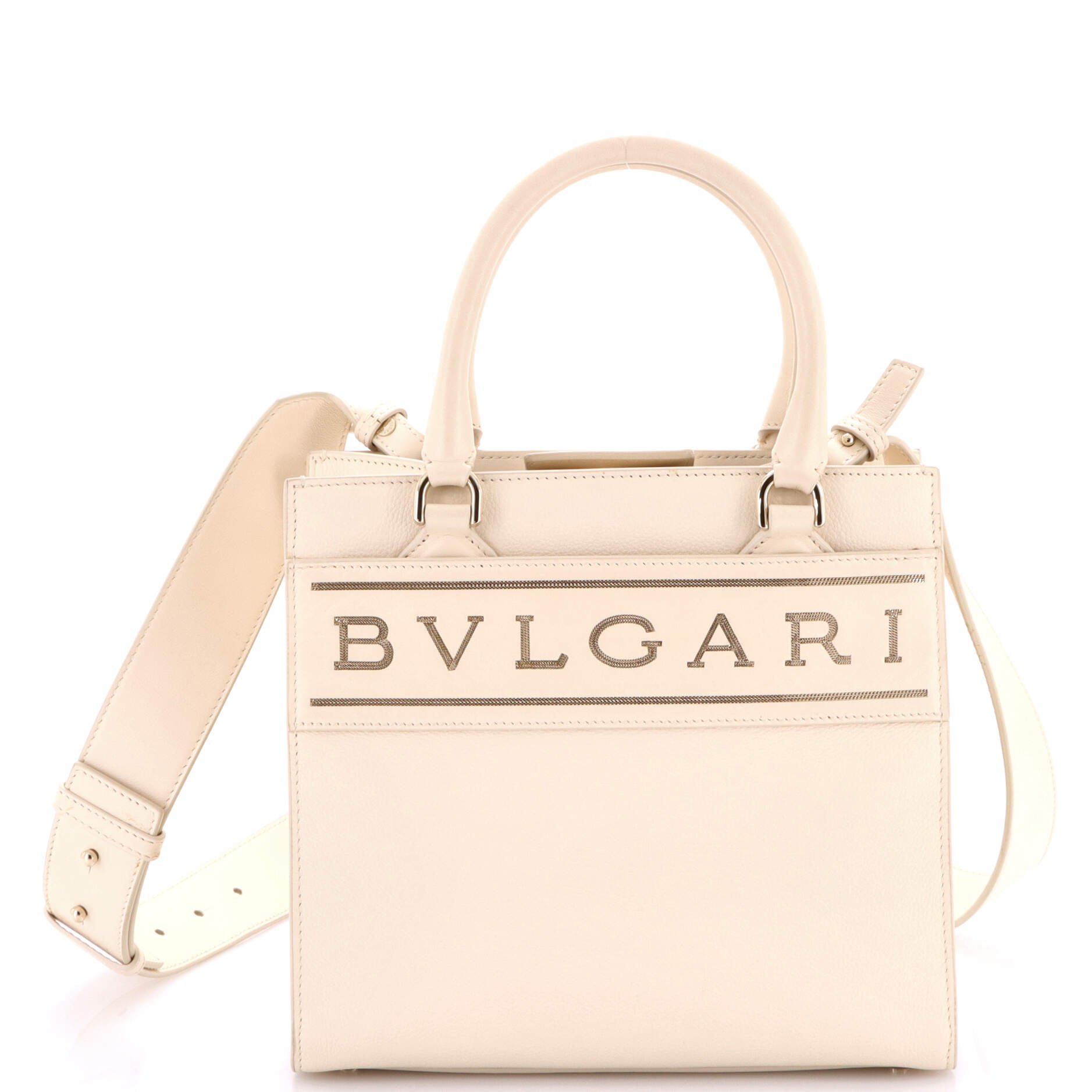 Bvlgari Logo Convertible Tote Embroidered Leather Small