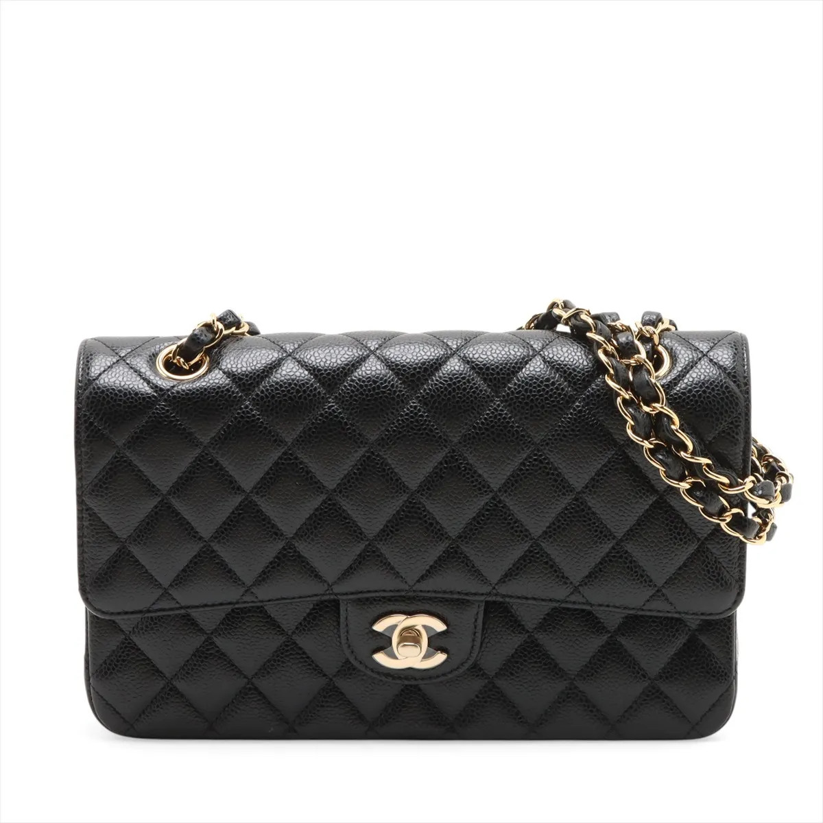 Chanel Matelasse 25 Caviar Skin Double Flap Double Chain Bag Black Gold Metal Fi
