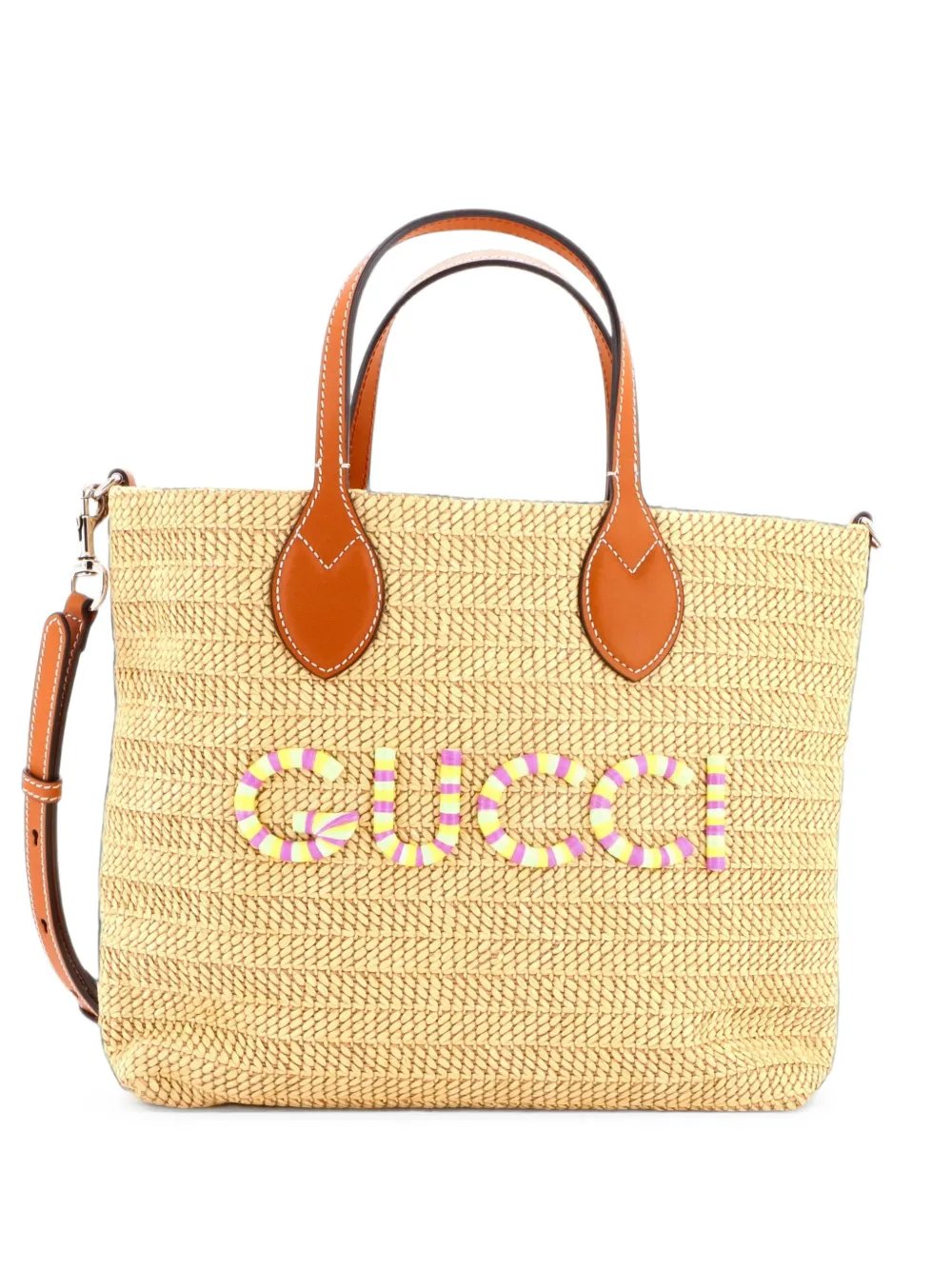 Logo Plaque Convertible Raffia Small tote bag