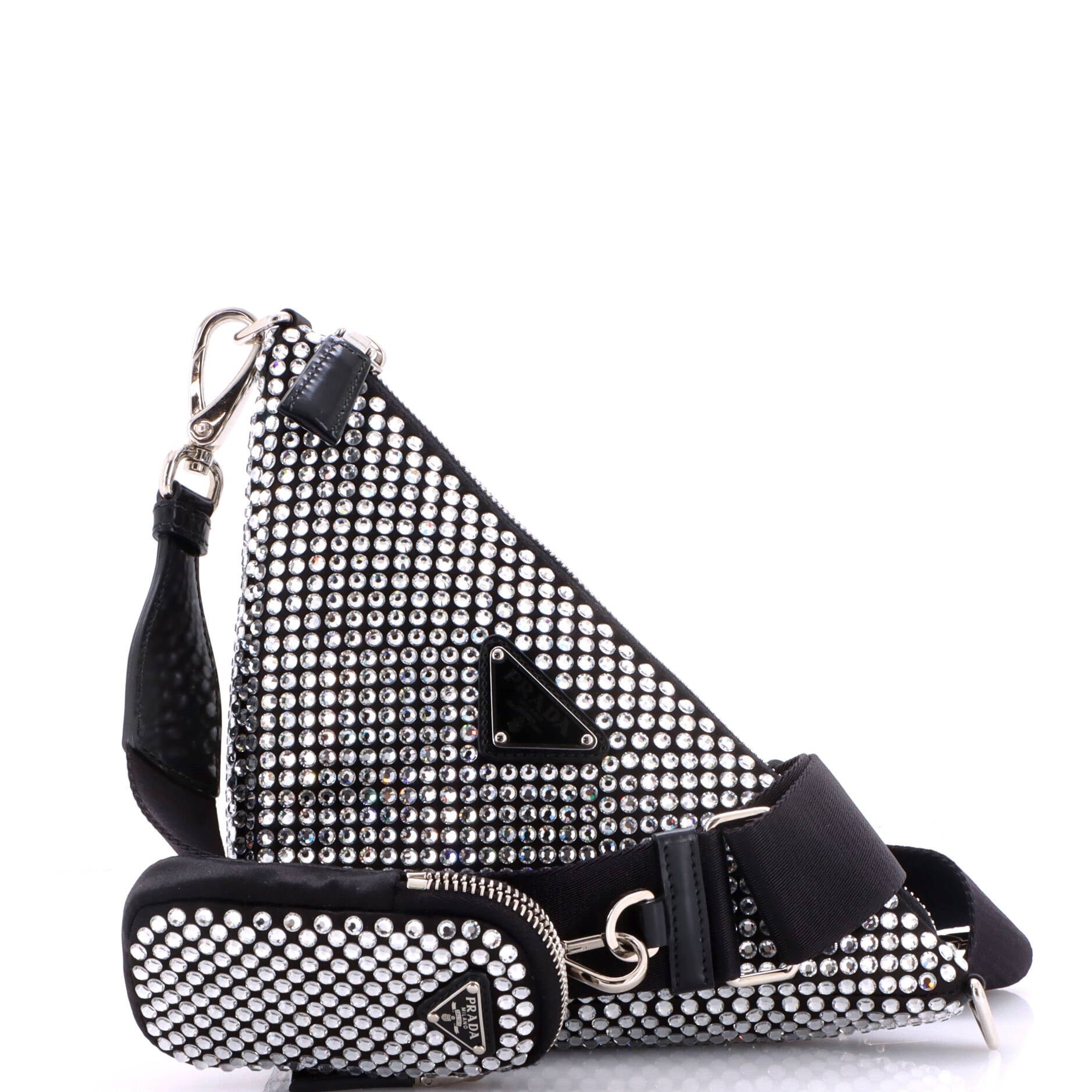 Triangle Logo Zip Crossbody Bag Crystal Embellished Satin Small