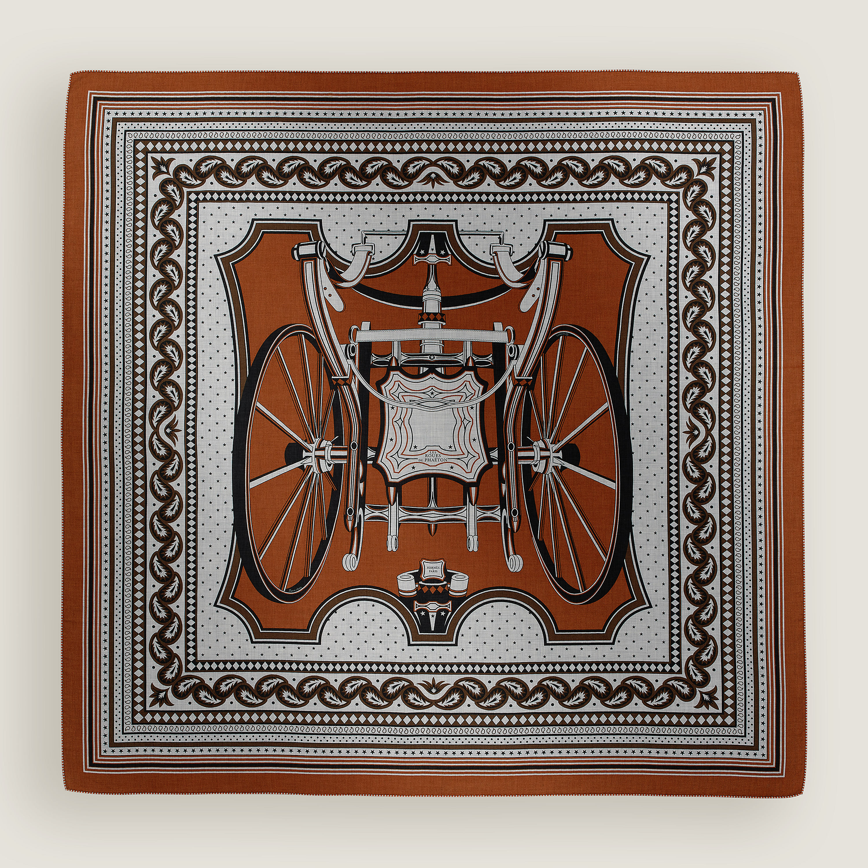 Hermès Les Roues de Phaeton Bandana shawl 140 Caramel/Gris Chiné