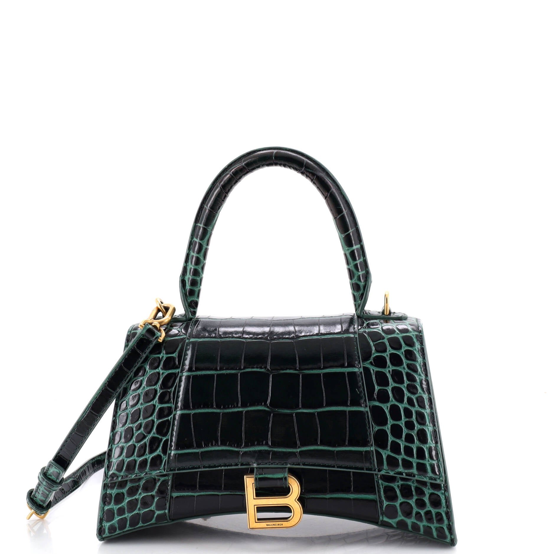 Hourglass Top Handle Bag Crocodile Embossed Leather Small