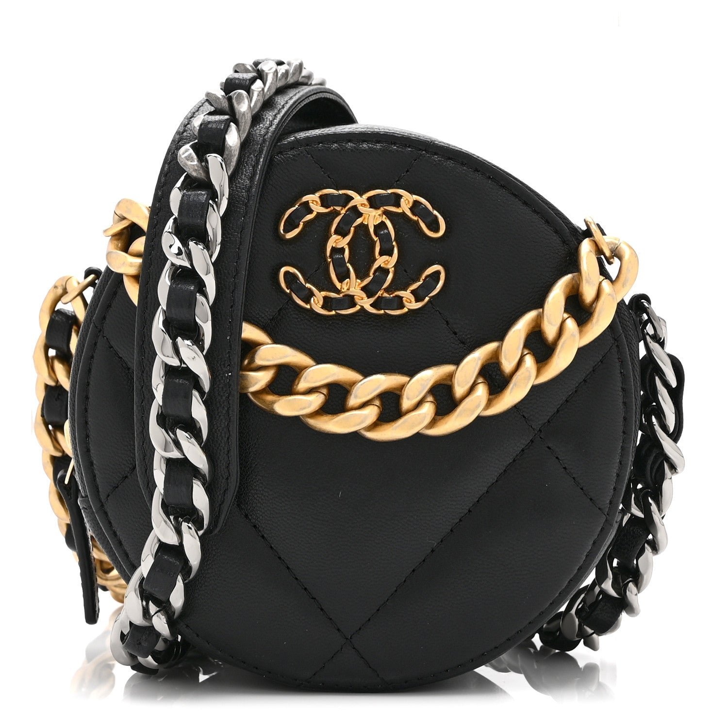 Chanel Shiny Goatskin Quilted Chanel 19 Round Clutch With Chain Black