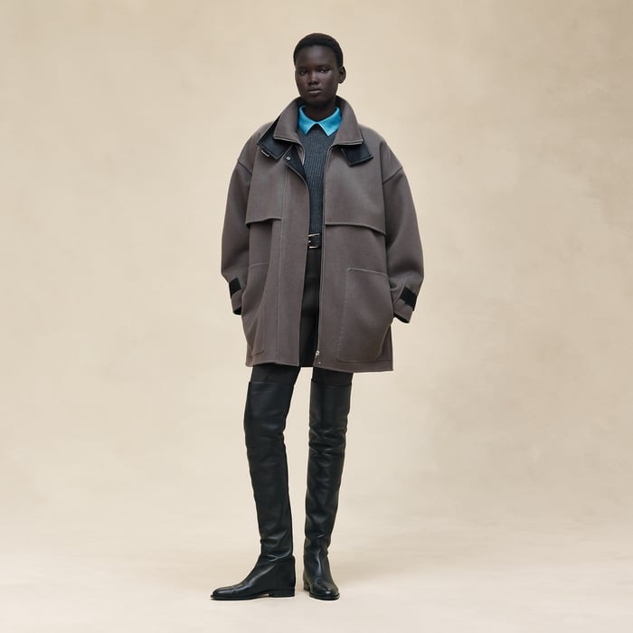 Gris Fumé Short Mixed Leather Cashmere Coat
