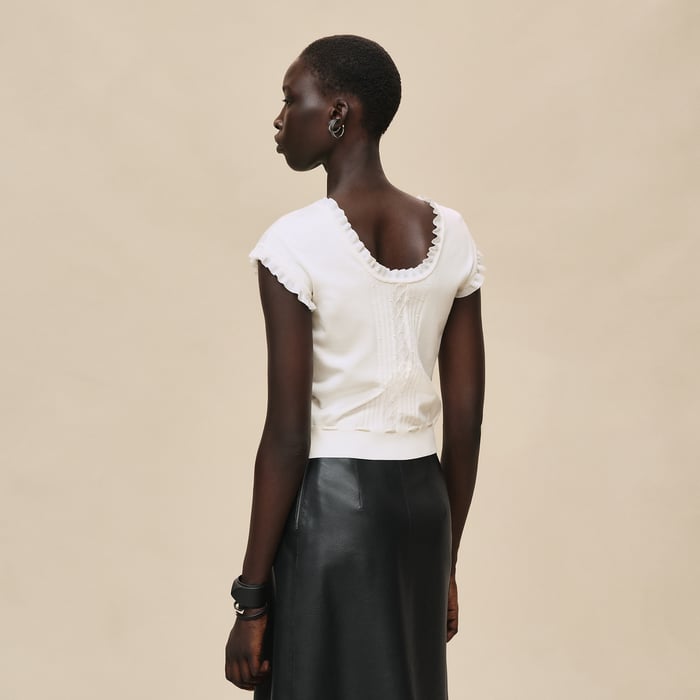 Blanc Naturel Short-sleeve Sweater With Ruffled Details