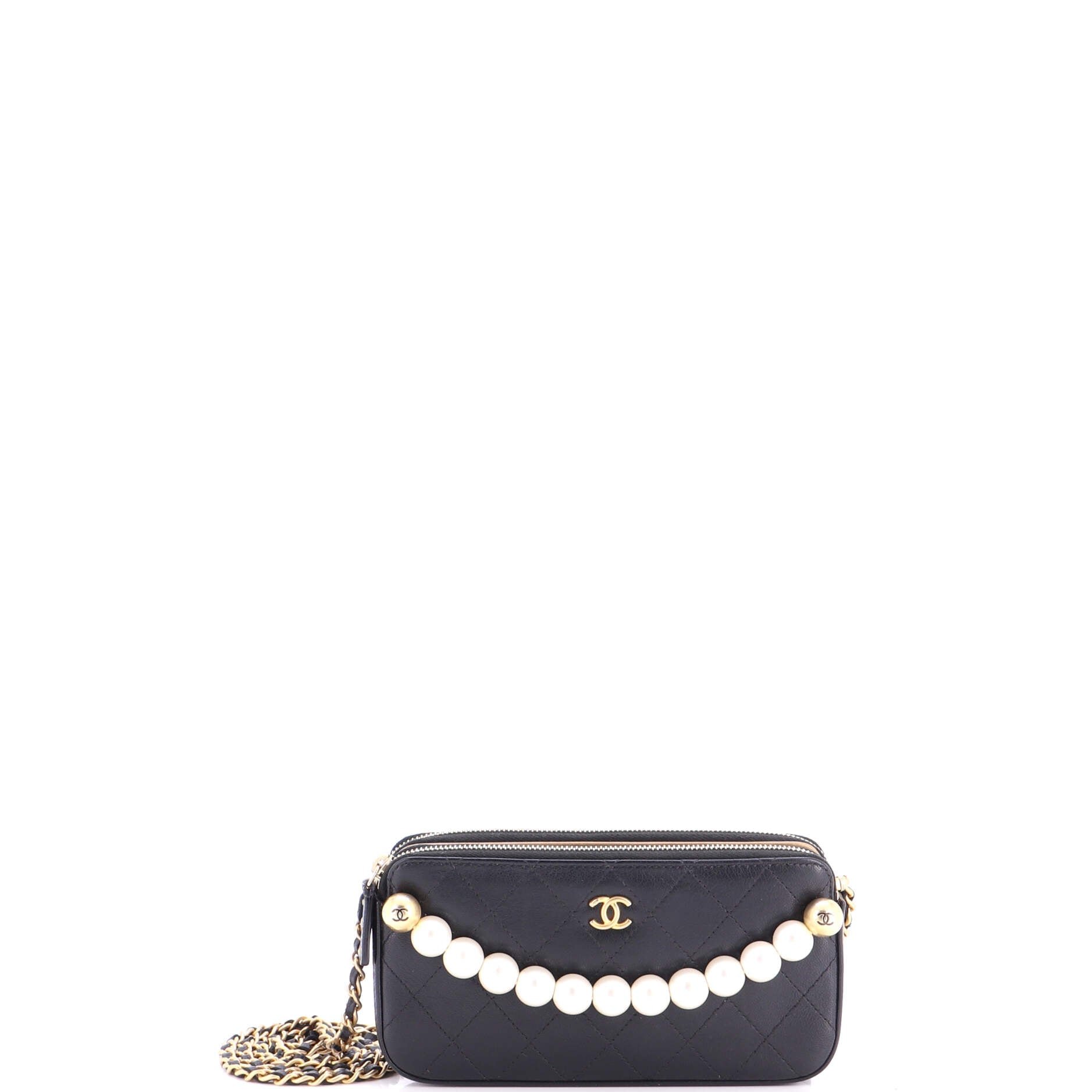Chic Pearls Double Zip Clutch with Chain Quilted Lambskin