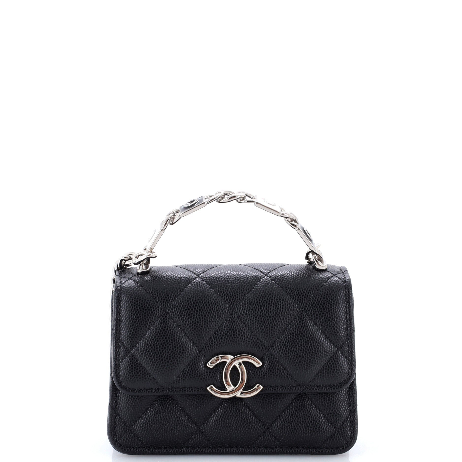Coco Enamel Top Handle Flap Clutch with Chain Quilted Caviar