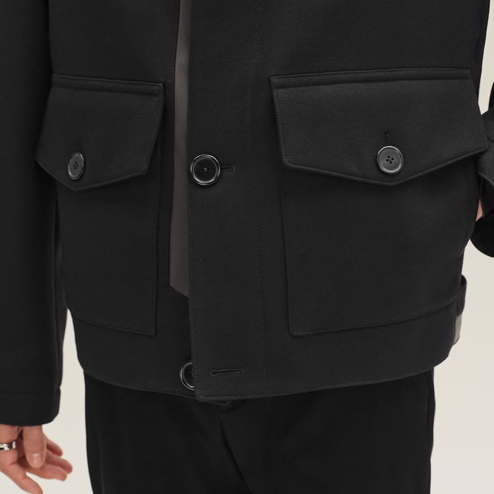 Noir Straight Cut Jacket With Leather Detail