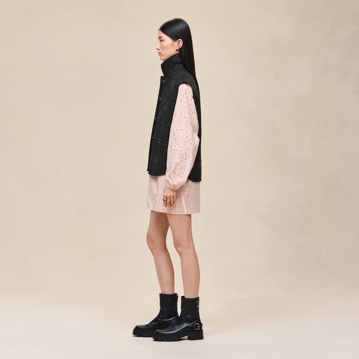 Noir Embroidered Short Vest With Leather Detail