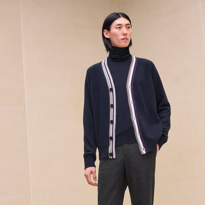 Marine Cashmere "Rayures Asymetriques" Buttoned Cardigan
