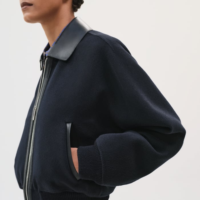 Bleu Noir Cashmere Bomber Jacket With Leather Detail