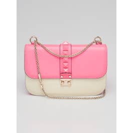 Valentino Valentino White/Pink Leather Glam Lock Medium Flap Bag