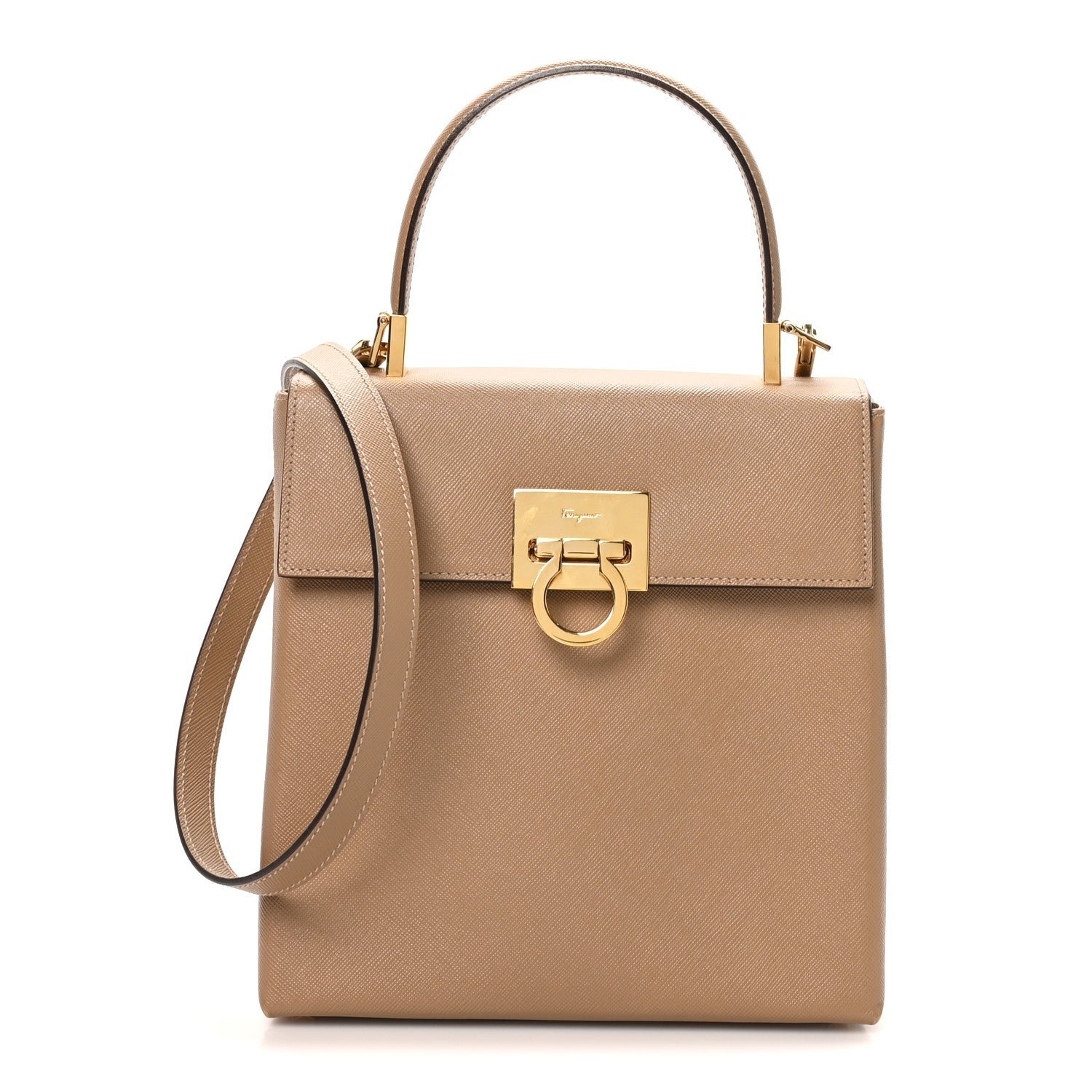 Ferragamo Hammered Calfskin Small Iconic Top Handle Bag Camel