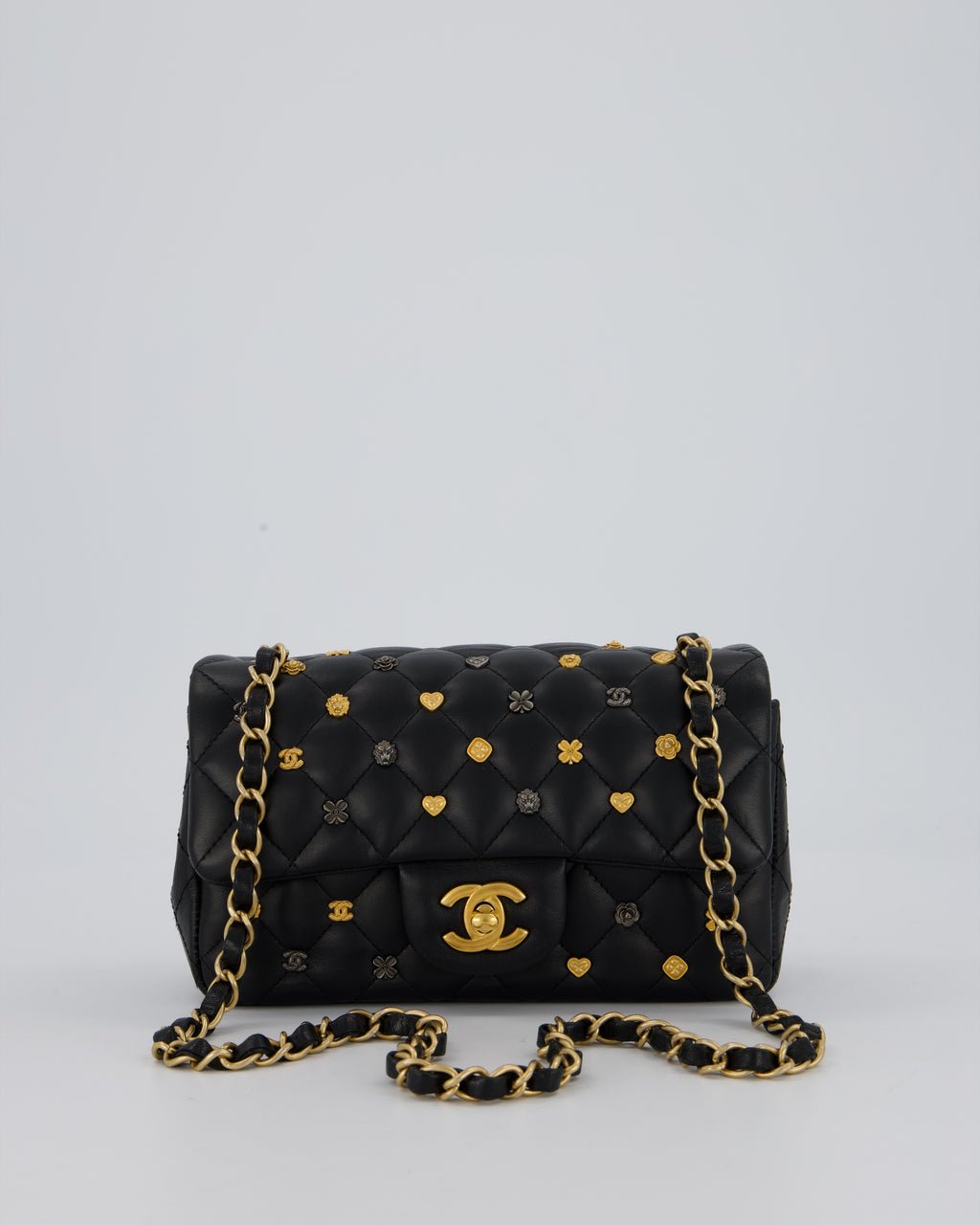 *RARE* Chanel Black Mini Rectangular Single Flap Bag with Charms in Lambskin Leather with Gold Hardware