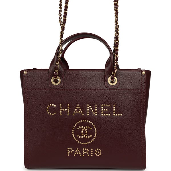 Chanel Chanel Small Studded Deauville Shopping Tote Burgundy Caviar Brushed Gold Hardware