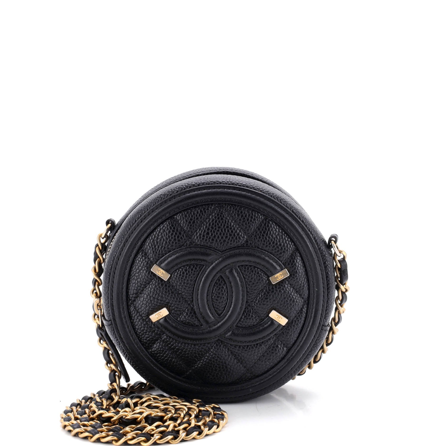 Filigree Round Clutch with Chain Quilted Caviar Mini