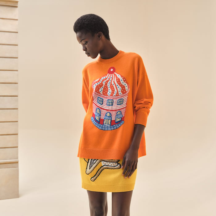 Orange Sunset Cashmere "Funny Ice Cream" Long-sleeve Sweater