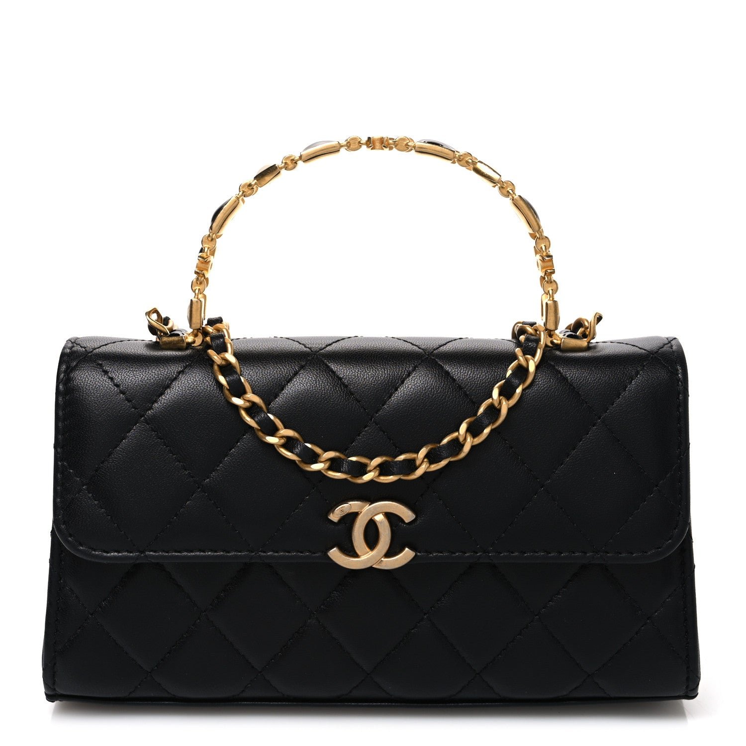 Chanel Lambskin Enamel Quilted Top Handle Flap Phone Holder With Chain Black