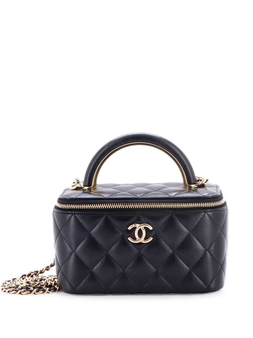 Charming Handle Vanity Case with Chain Quilted Lambskin Small satchel