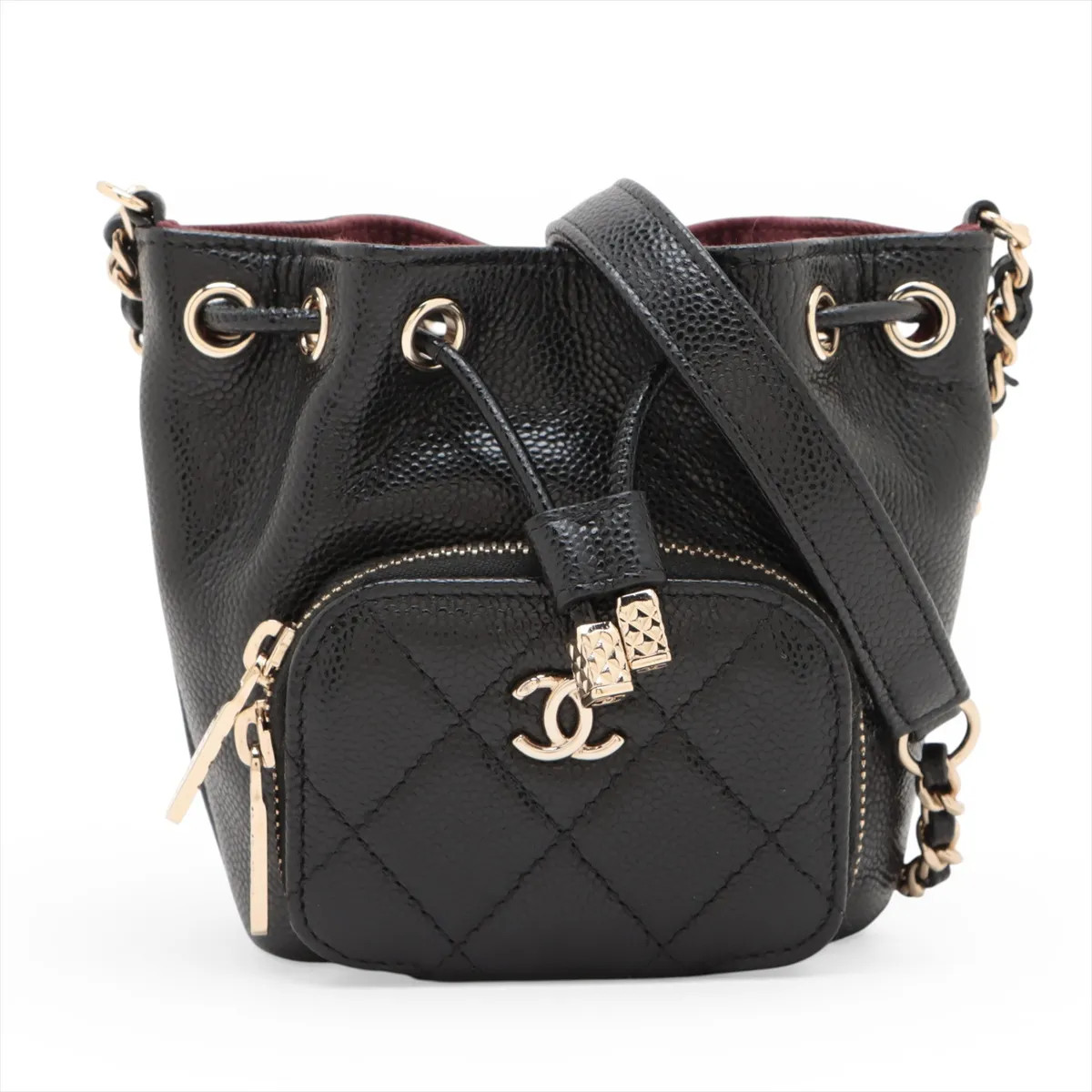 Chanel Matelasse Caviar Skin Chain Shoulder Bag Purse Black Gold Metal Fittings