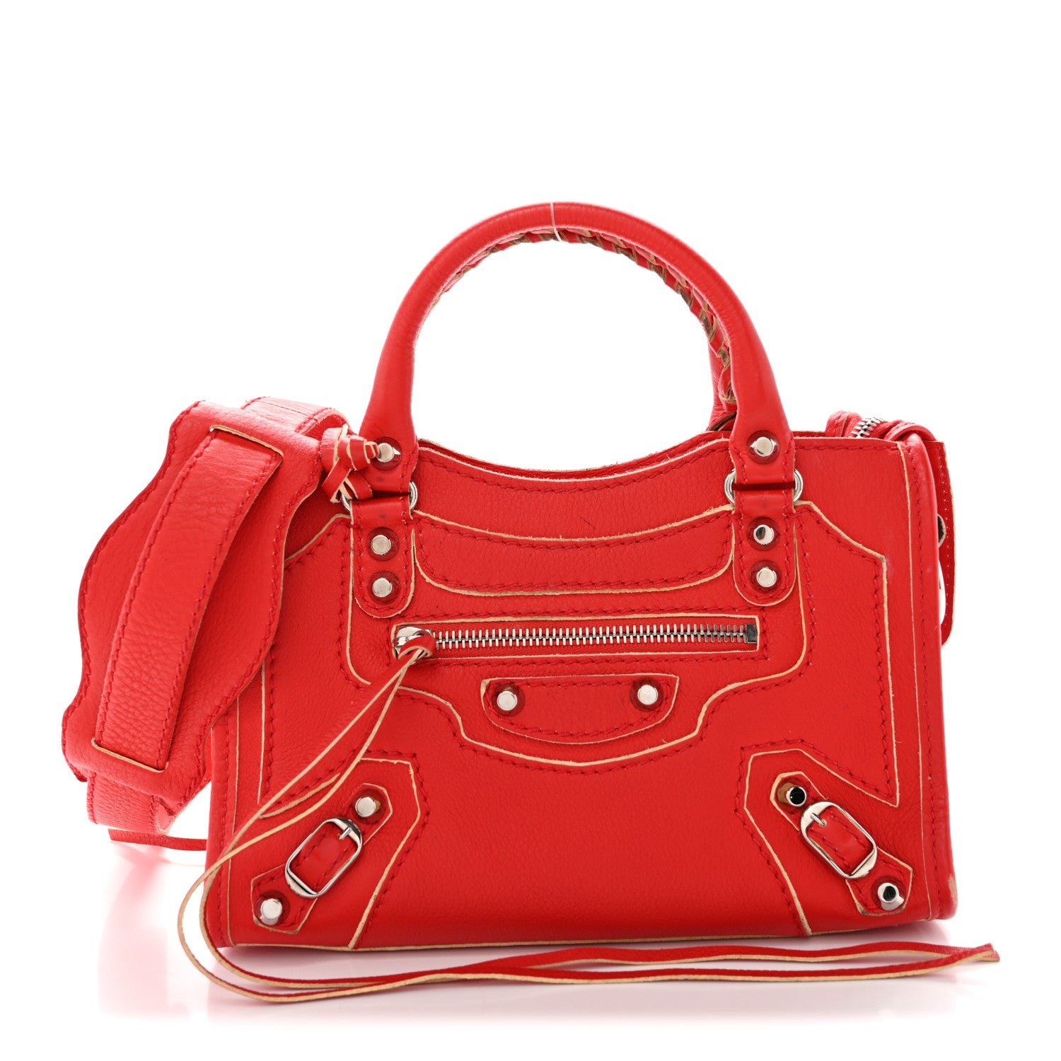 Balenciaga Supple Grained Calfskin Classic Silver Hardware Highlight Mini City Rouge Fraise