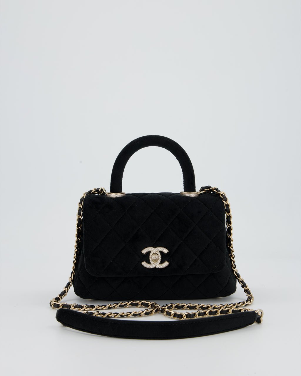 Chanel Mini Coco Top Handle In Black Velvet with Crystal-Encrusted Hardware