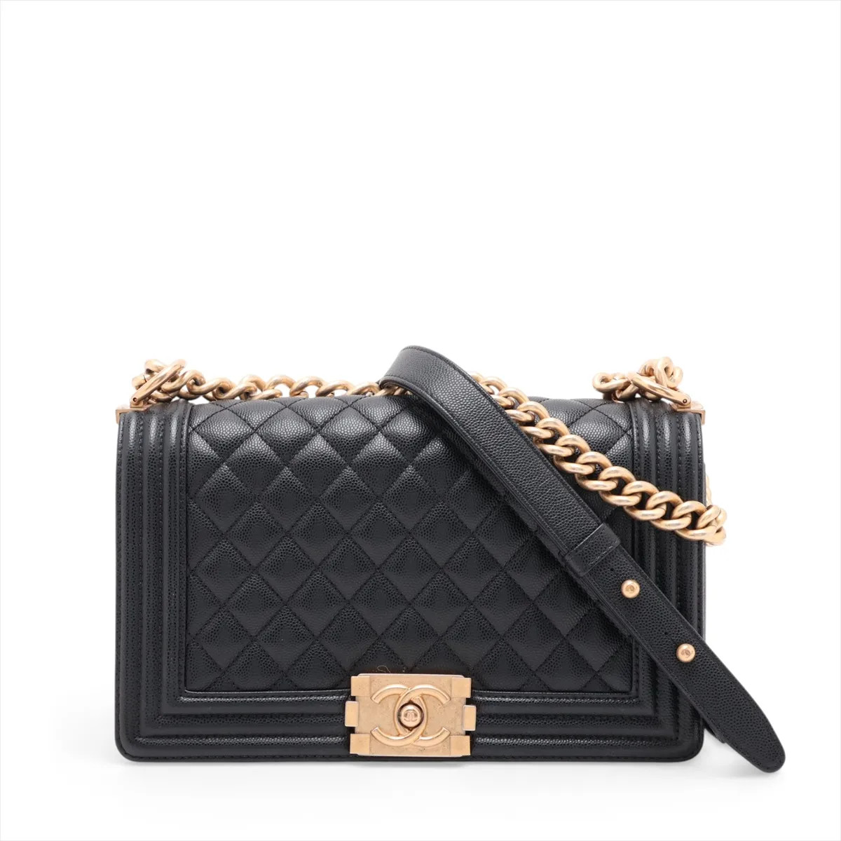 Chanel BOY CHANEL 25 Caviar Skin Chain Shoulder Bag Black Gold Metal Fittings 30