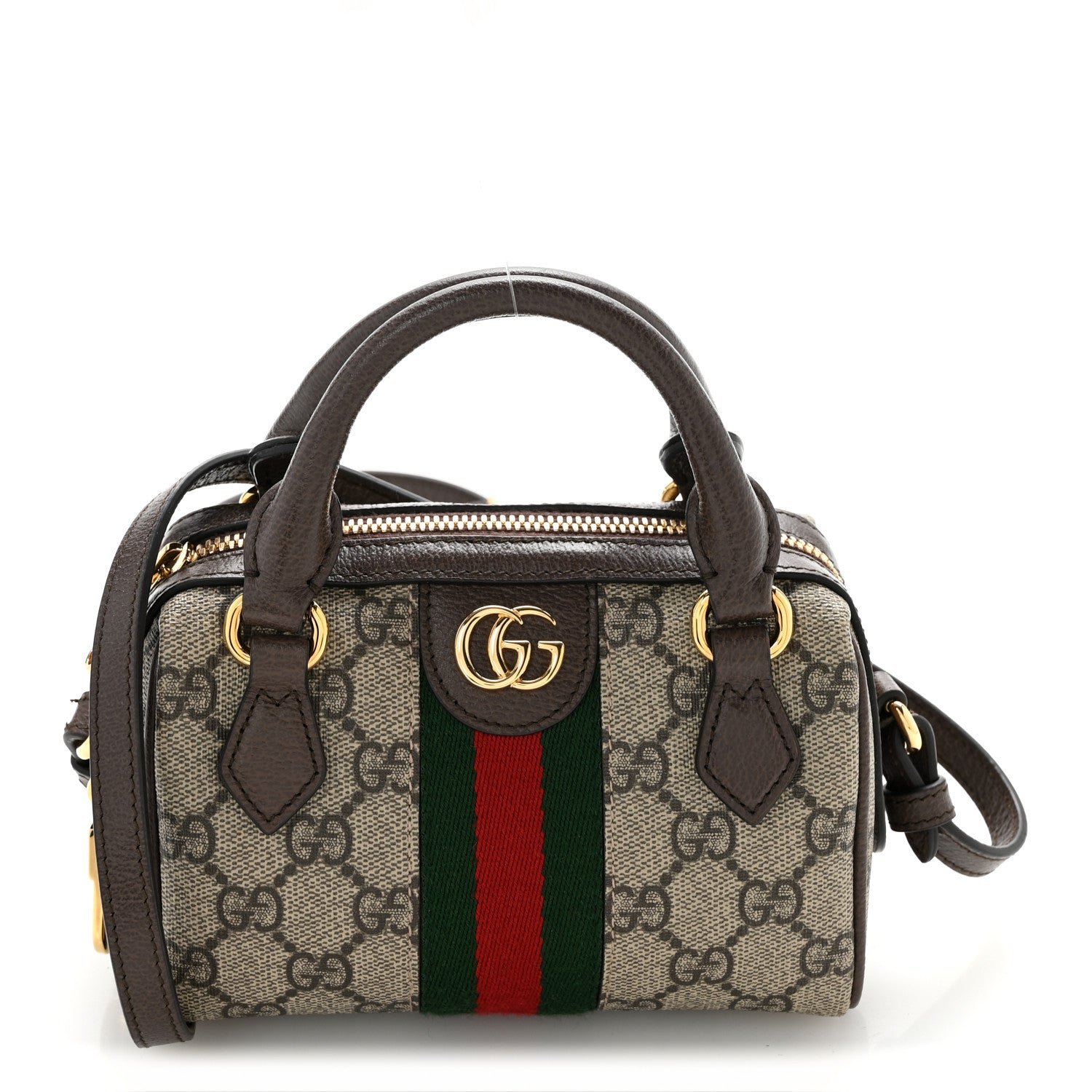 Gucci GG Supreme Monogram Textured Dollar Calfskin Web Super Mini Ophidia Top Handle Bowler Bag  Beige Ebony New Acero