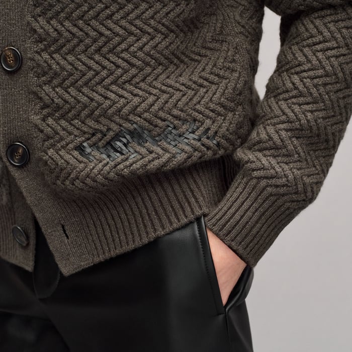 Taupe "Tressage Cuir" Buttoned Cardigan