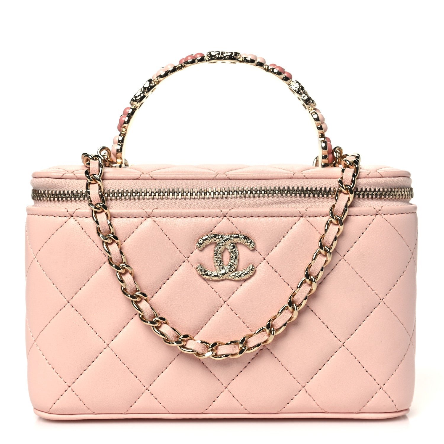 Chanel Lambskin Quilted Metal Enamel Flower Mini Top Handle Vanity Case With Chain Light Pink