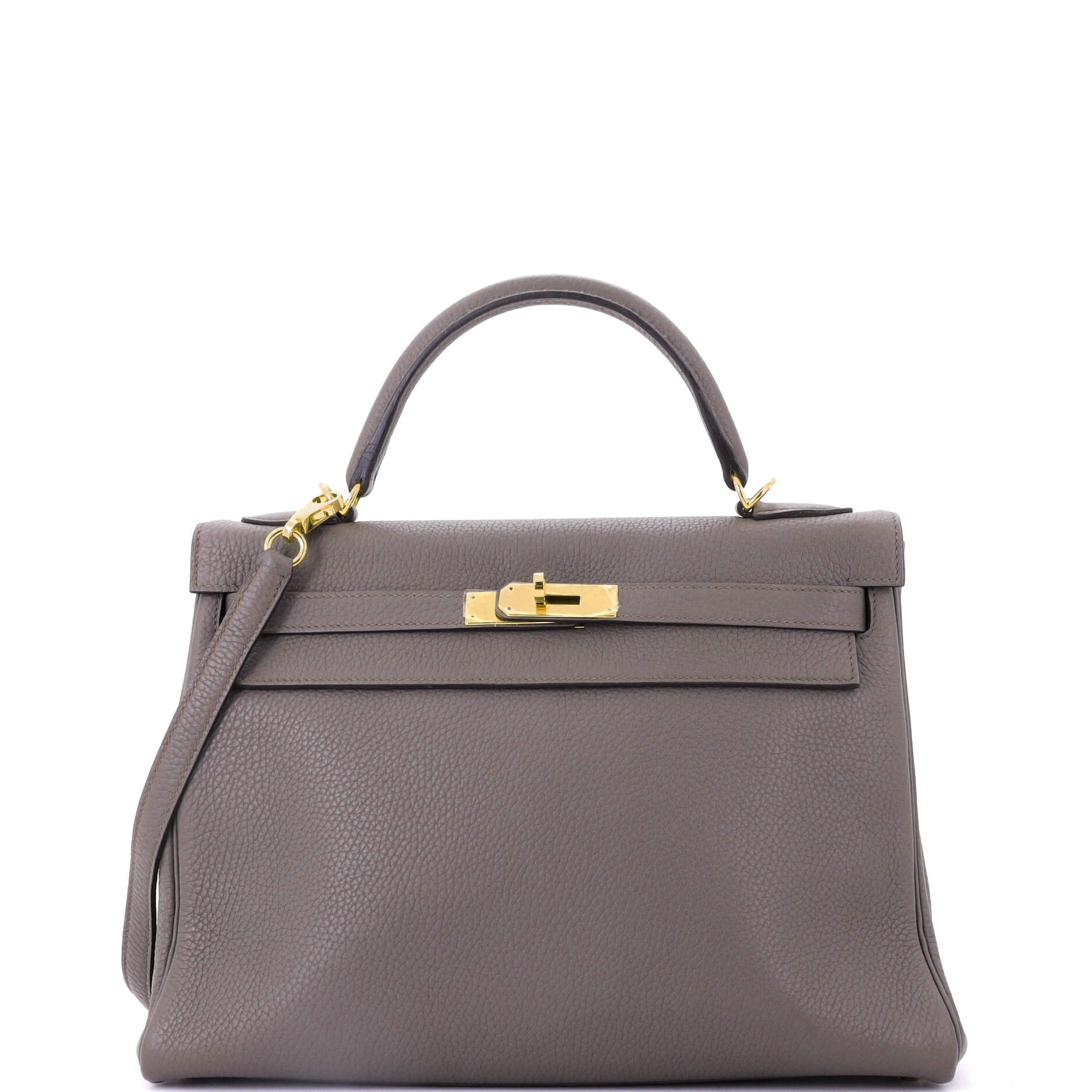 Hermes Kelly Handbag Grey Clemence with Gold Hardware 32