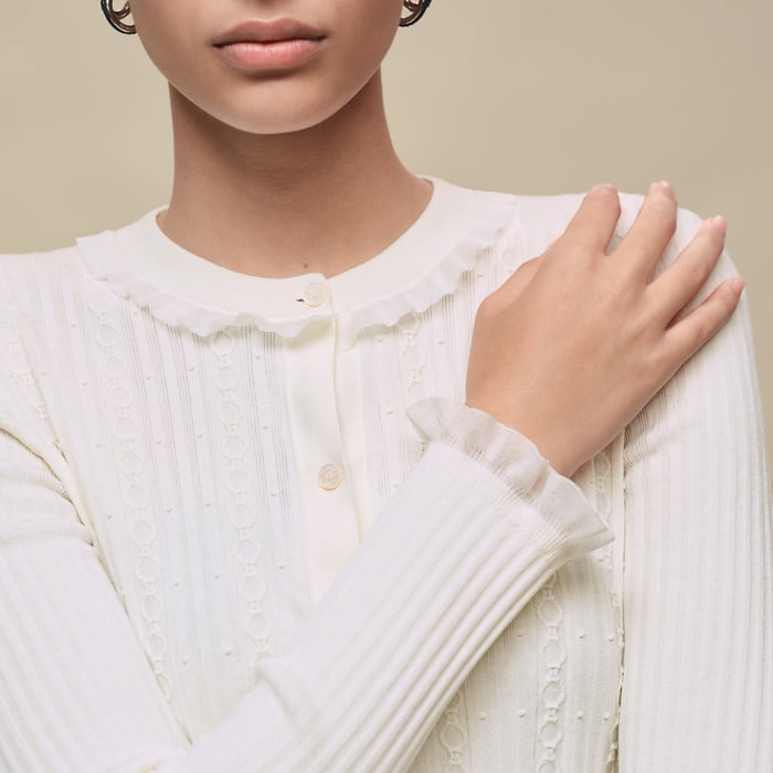 Blanc Naturel Long-sleeve Cardigan With Ruffled Details