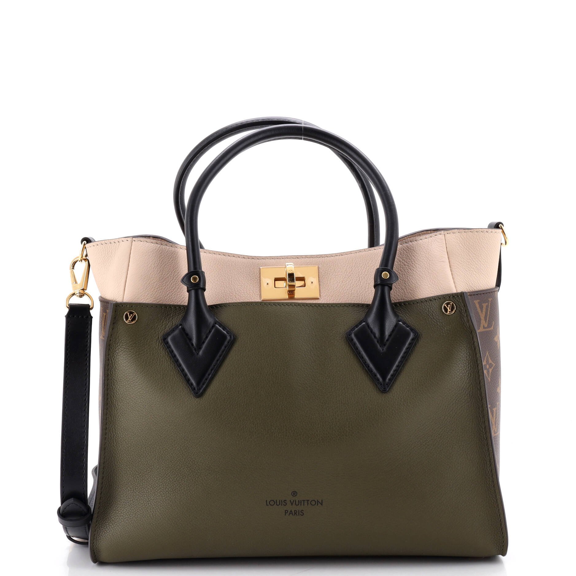On My Side Tote Leather with Monogram Canvas MM