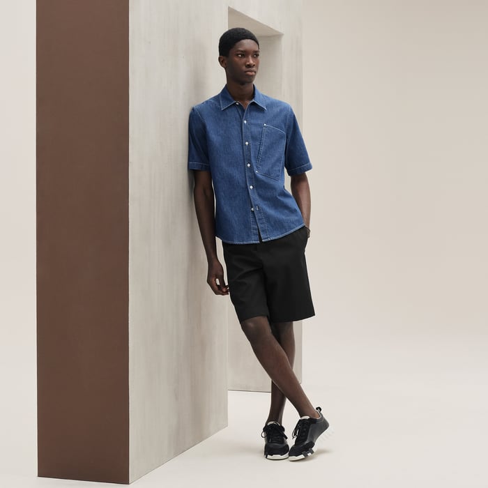 Indigo Lavé Short-sleeve Straight Cut Denim Shirt With Detail