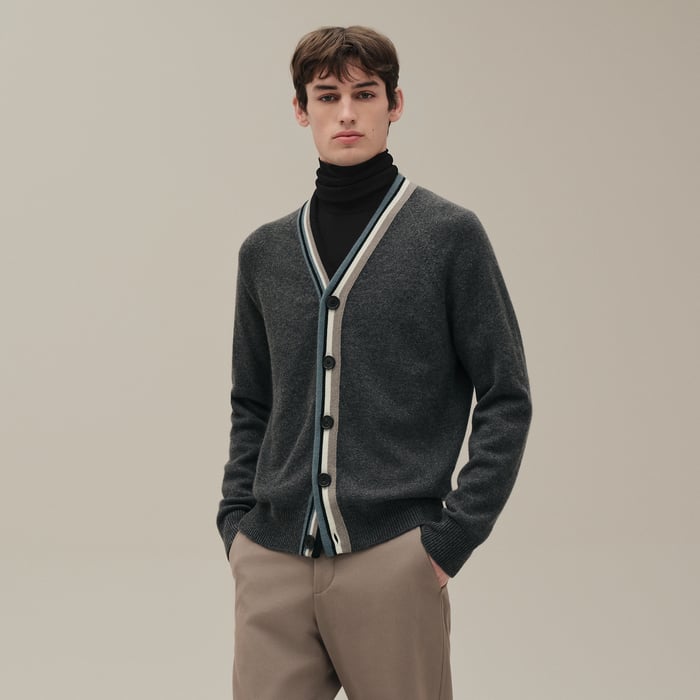 Anthracite Cashmere "Rayures Asymetriques" Buttoned Cardigan