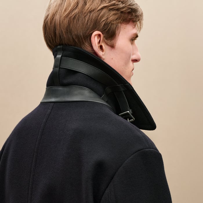 Marine Cashmere Pea Coat With Leather Details