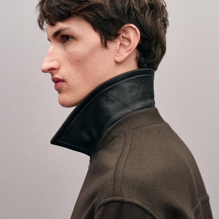 Taupe Cashmere Zipped Straight Cut Jacket With Leather Details