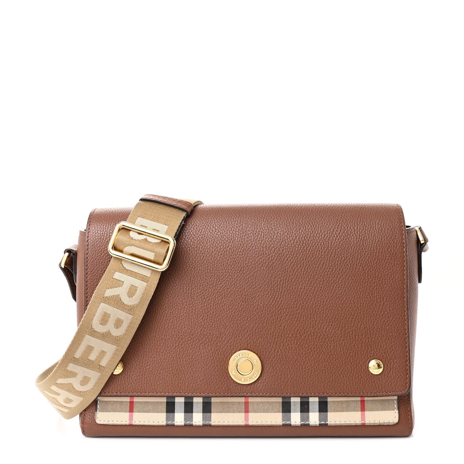 Burberry Calfskin Vintage Check Note Crossbody Bag Tan