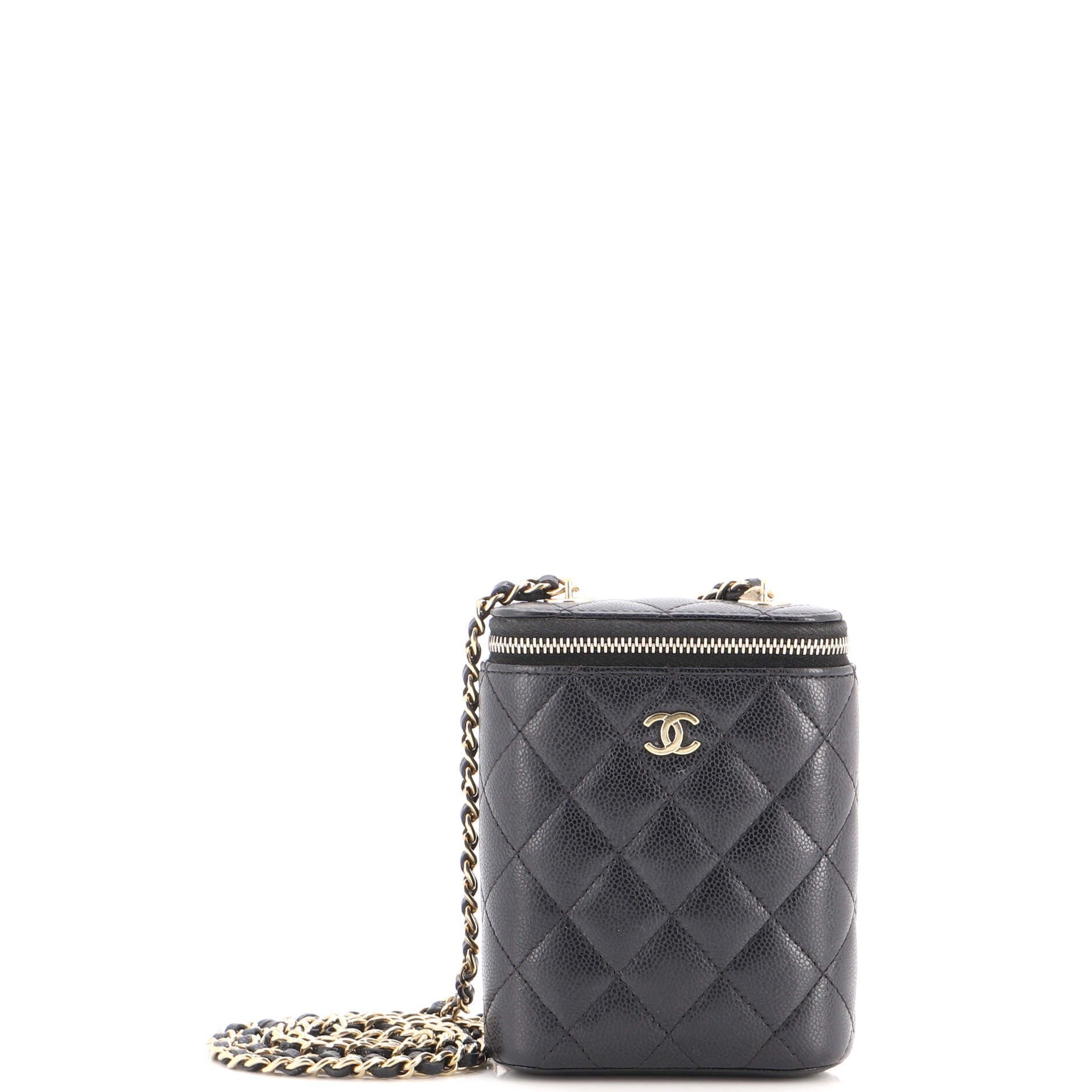 Vertical Classic Vanity Case with Chain Quilted Caviar Small