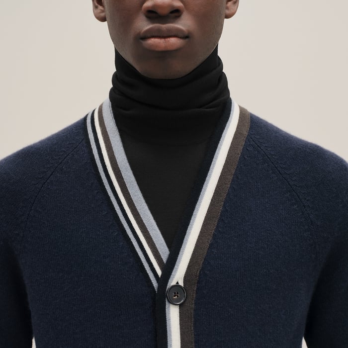 Marine Cashmere "Rayures Asymetriques" Buttoned Cardigan