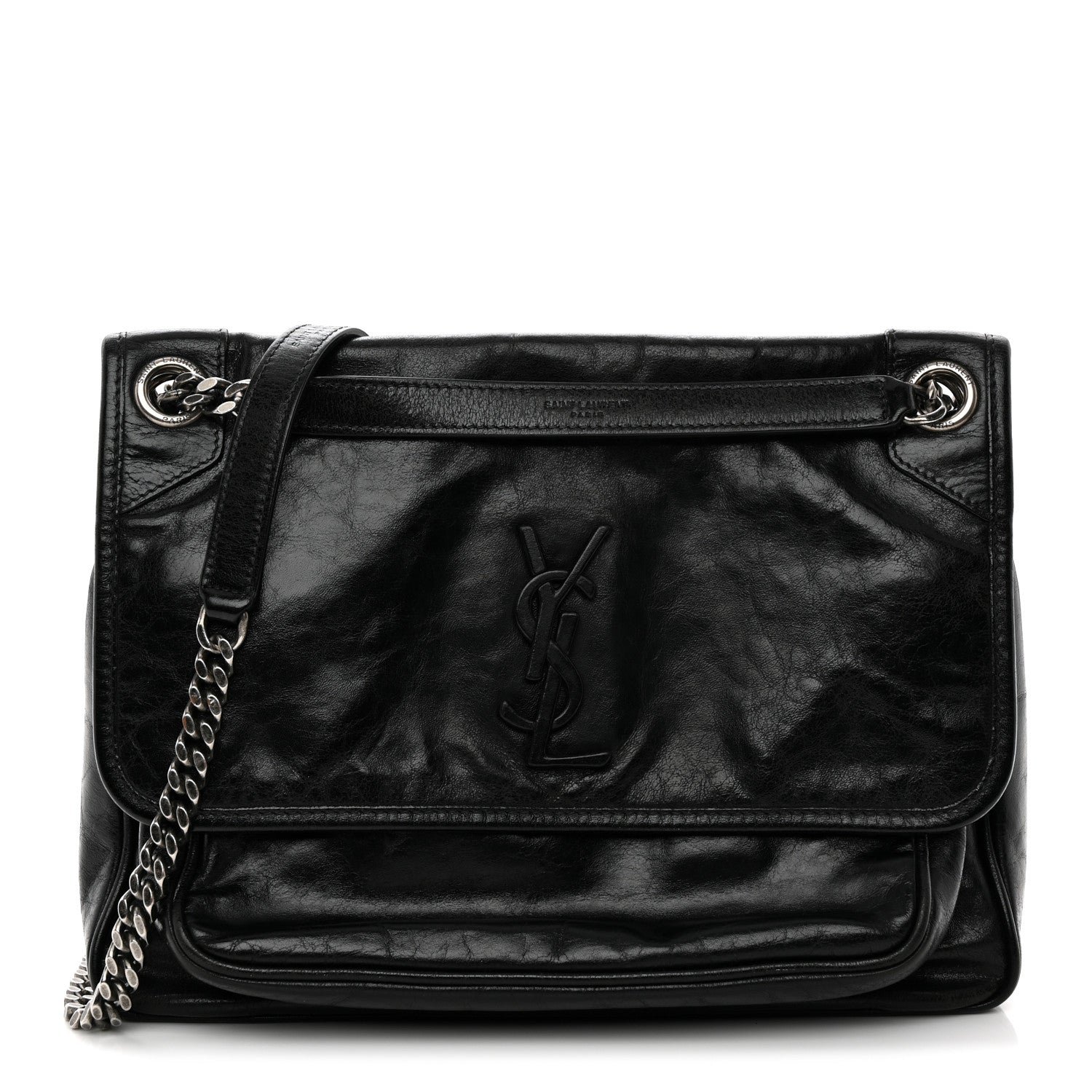 Saint Laurent Crinkled Calfskin Monogram Medium Niki Chain Satchel Black