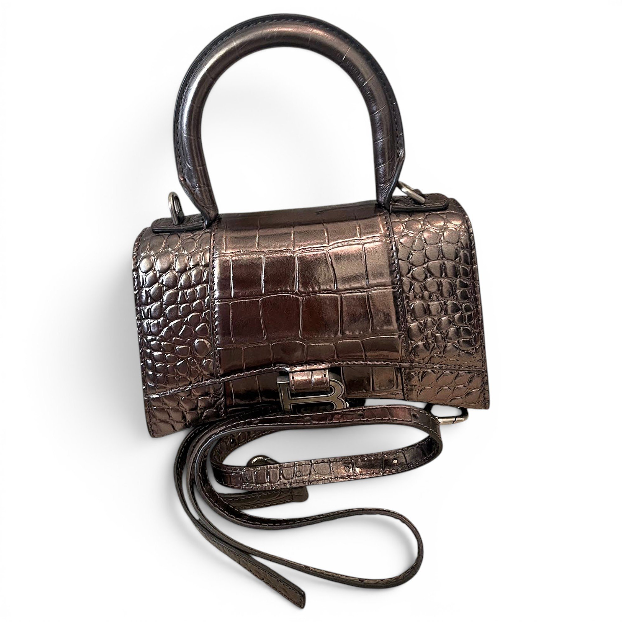 Hourglass patent leather handbag