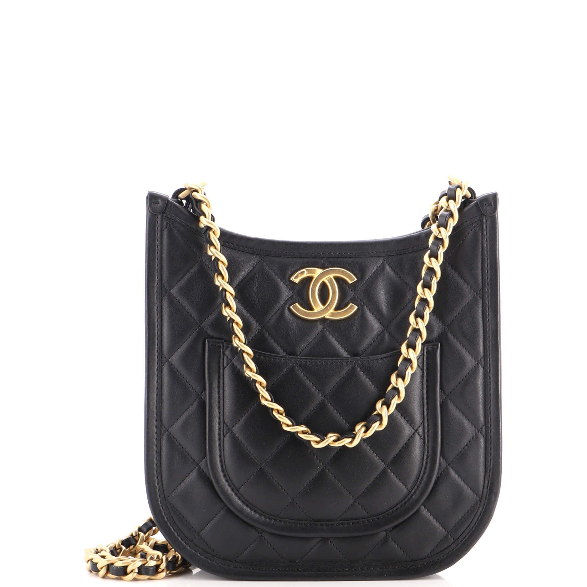 CC Front Pocket Chain Hobo Quilted Lambskin Small