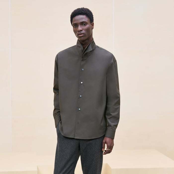 Kaki Boxy Fit Shirt With Twin Collar