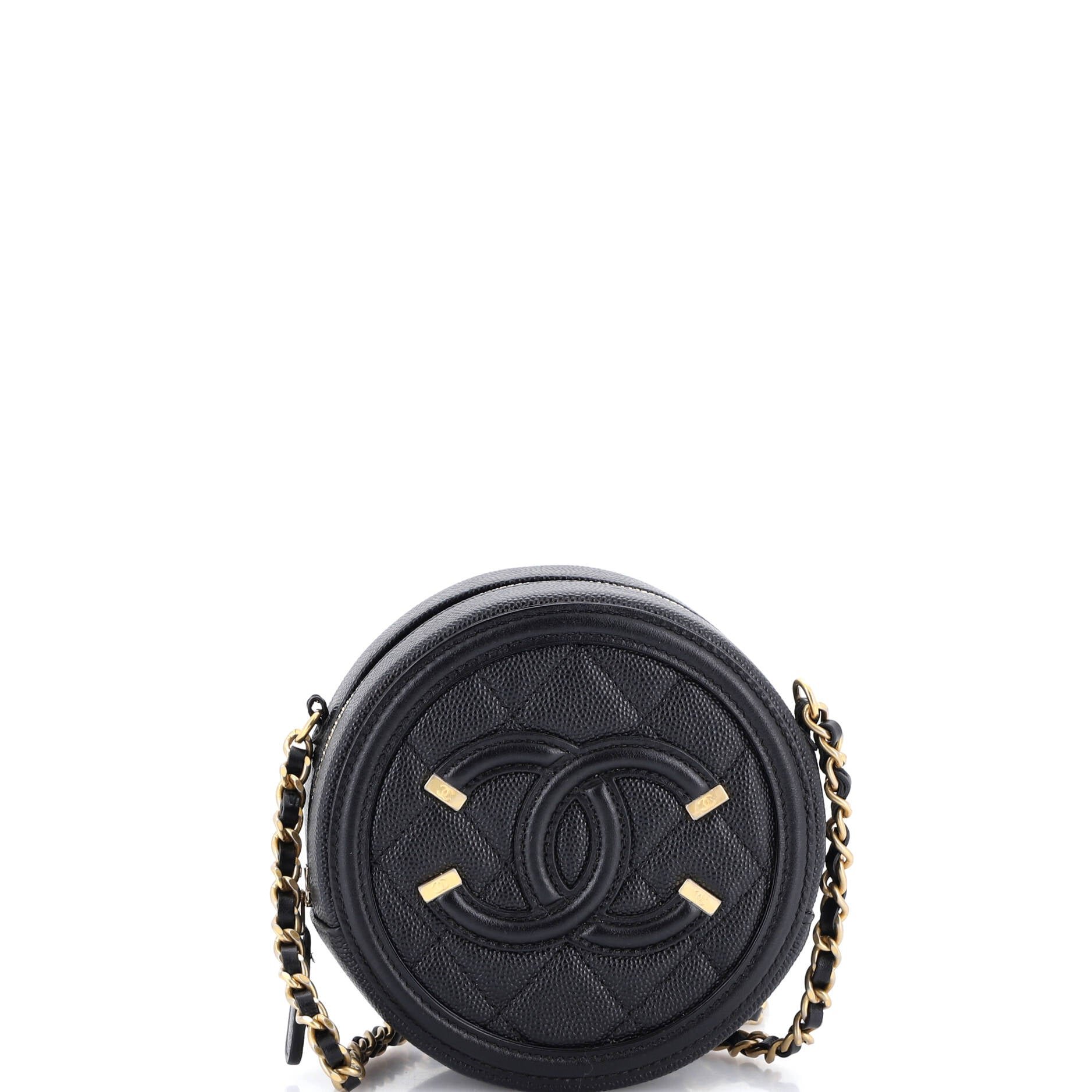 Filigree Round Clutch with Chain Quilted Caviar Mini