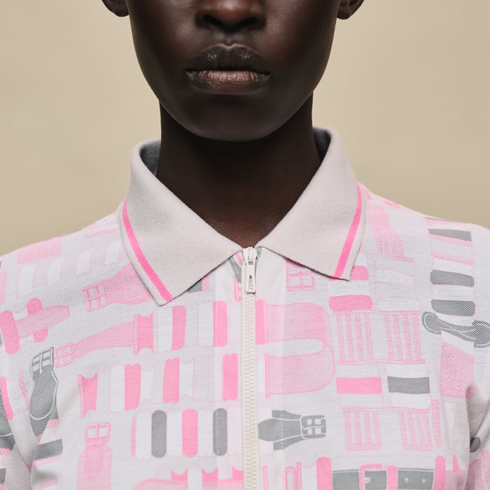 Gris Pierre De Lune "Bride a Bloc" Micro Zipped Polo Shirt