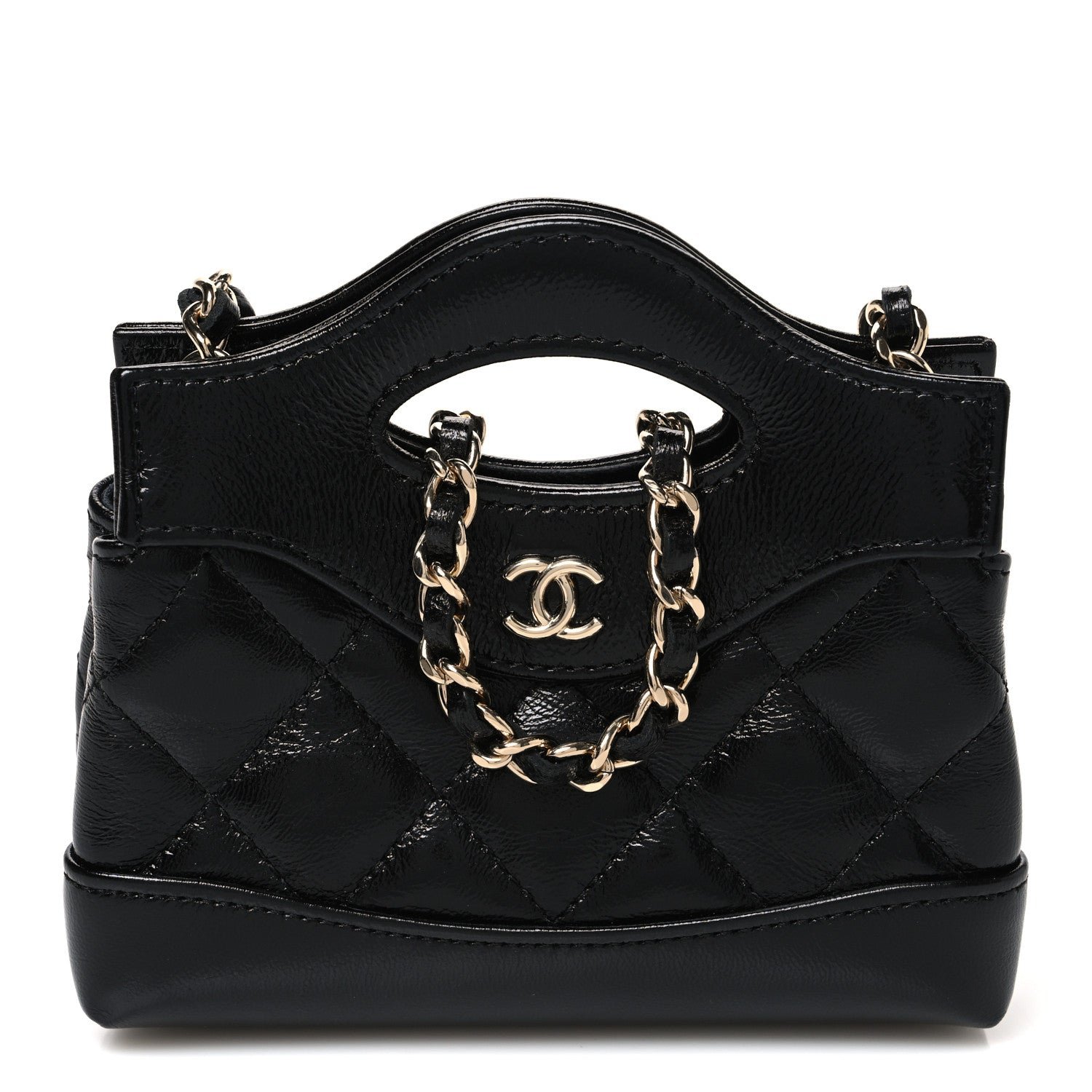 Chanel Shiny Lambskin Quilted Micro 31 Clutch With Chain Black